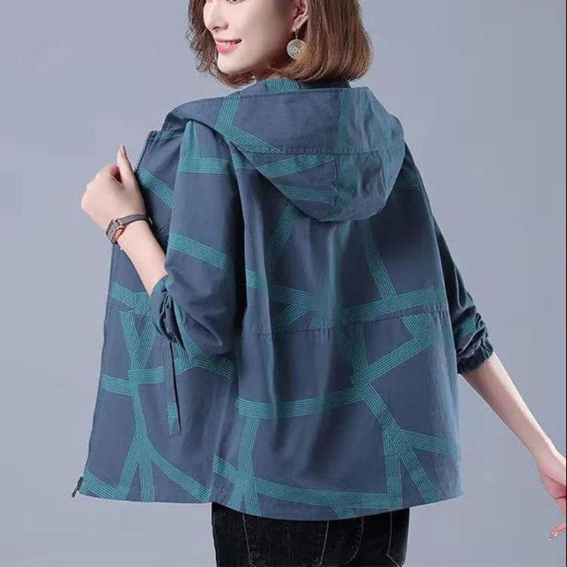 Spring and Autumn Printed Middle-aged and Elderly Large Size Loose and Thin Jacket Hooded Mother's Wear Jacket Women
