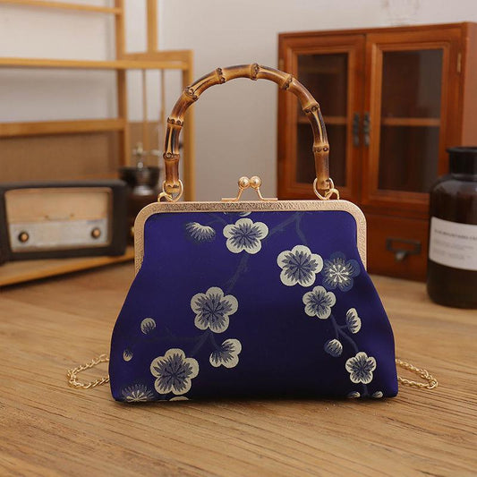 Ethnic Style Women Silk Flowers Printing Handbag Messenger Dual Purpose Exquisite Elegant Doctor Bag