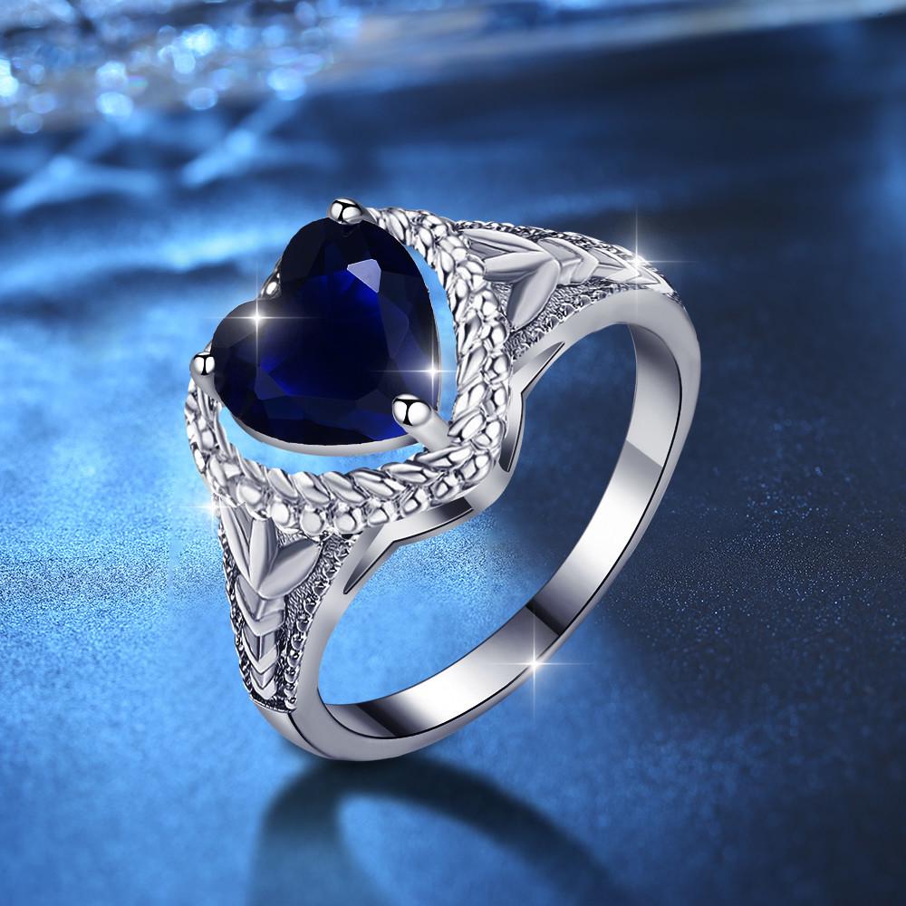 Royal Blue Love Heart Shaped Zircon Ring Single Zircon Ring Blue Oval Double Layer Multilayer Diamond Zircon Ring