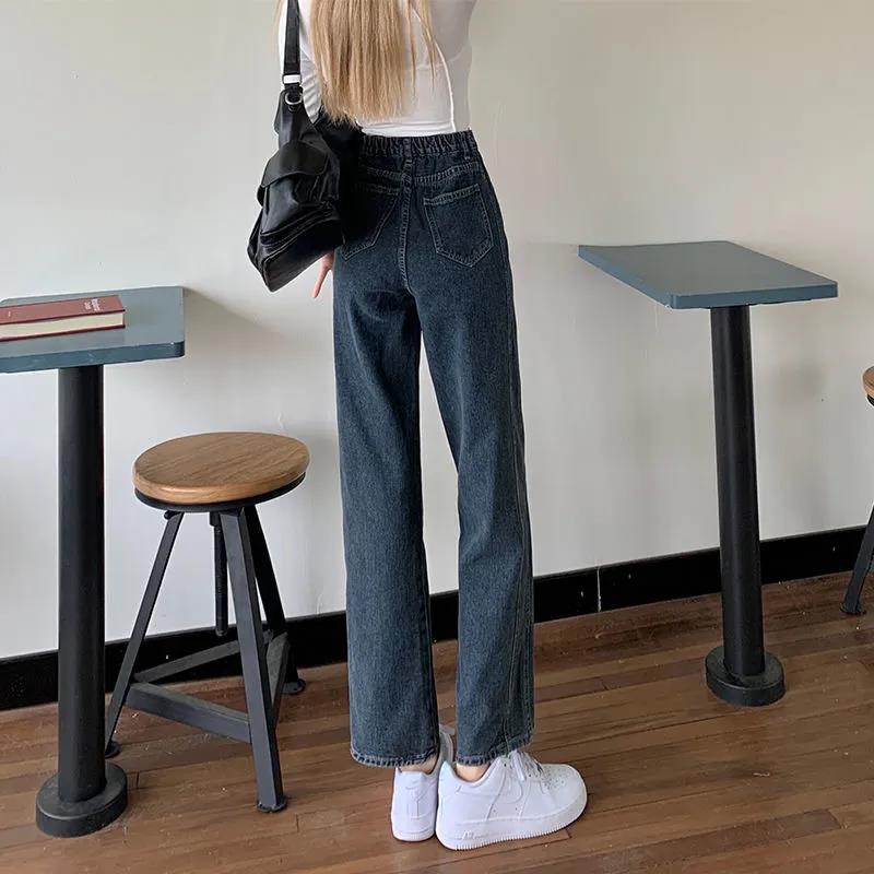 Jeans Women's Chinese Version Ins Retro Elastic Waist Wide Leg Student High Waist Thin Loose Straight Pants Trendy
