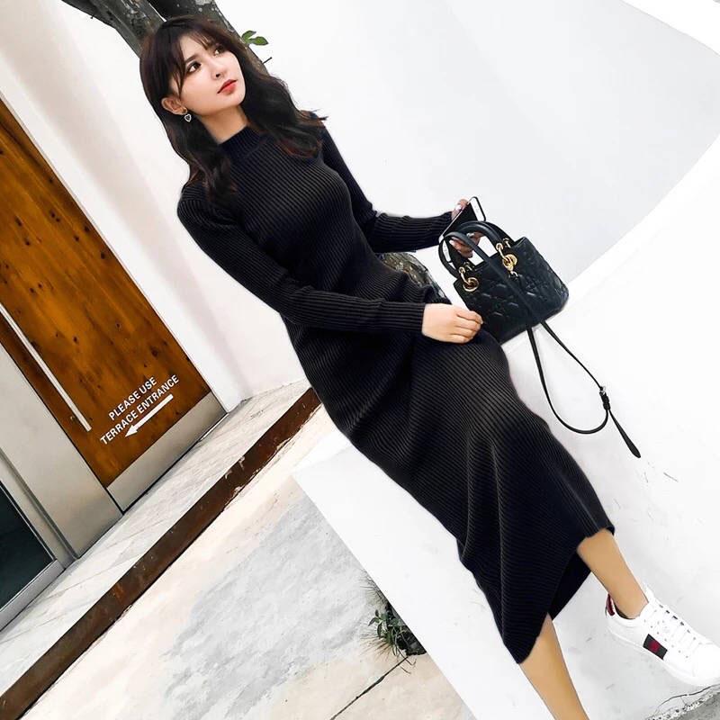 Red Sexy Dress Women's Slim Fit V-neck Mid-length Base Sweater Long Skirts Over-the-Knee Tight-Fit