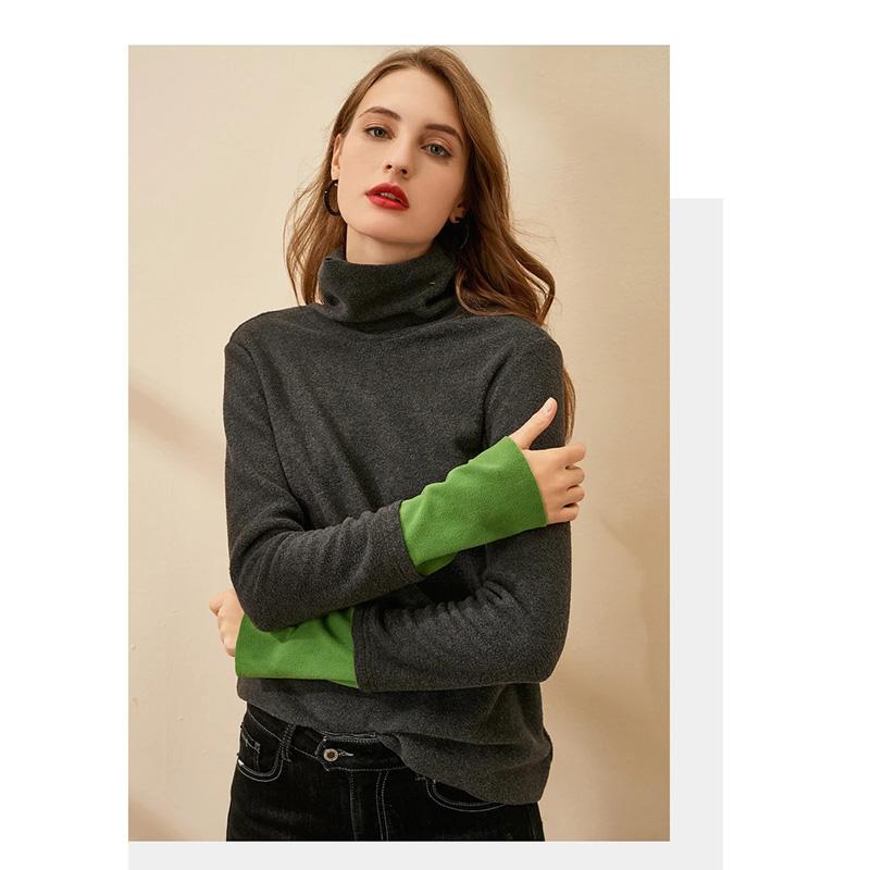 Women's High Neck Knitted Shirt Skin-friendly Breathable Stitching Color Bottoming Shirt Pull Over High Collar Loose Fit Long Sleeves T-shirt Basic