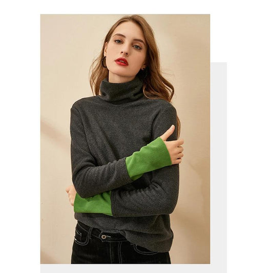 Women's High Neck Knitted Shirt Skin-friendly Breathable Stitching Color Bottoming Shirt Pull Over High Collar Loose Fit Long Sleeves T-shirt Basic