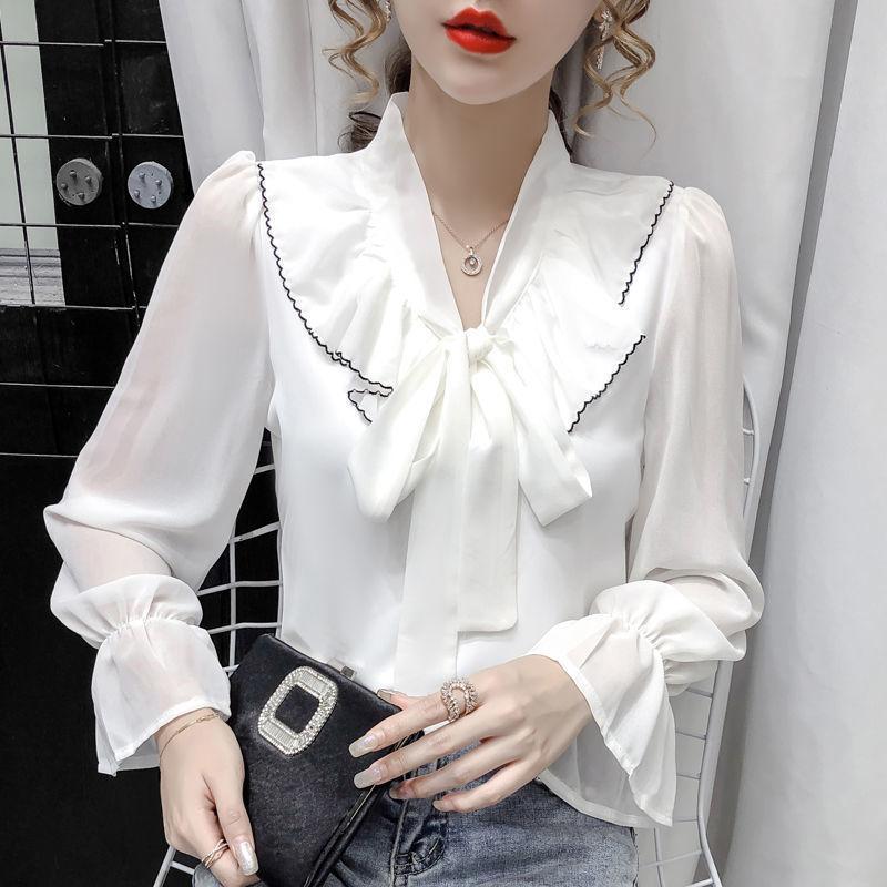 Spring and Summer Tied Wide Loose Long-sleeved Bow-knot Shirt Female Design Sense Niche Chiffon Shirt Top Trumpet Sleeve Bow Neckline Lady