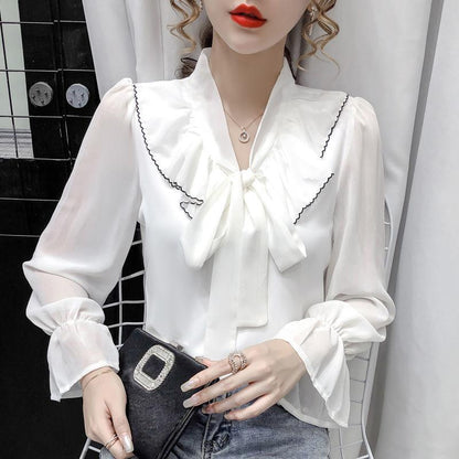 Spring and Summer Tied Wide Loose Long-sleeved Bow-knot Shirt Female Design Sense Niche Chiffon Shirt Top Trumpet Sleeve Bow Neckline Lady