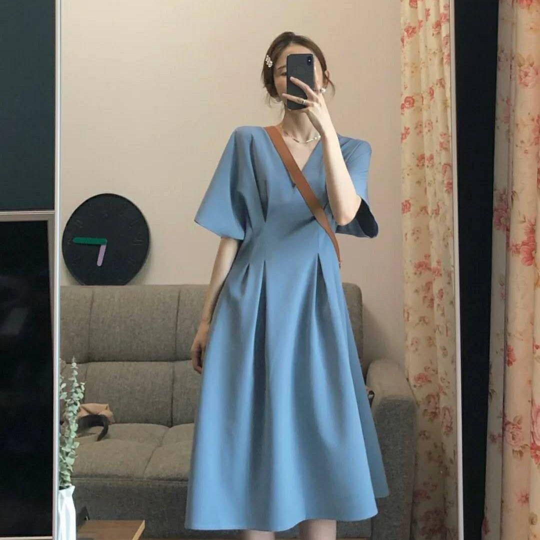 Female Summer Simple and Elegant Dress Slim High Waist V-neck Party Graceful Dress