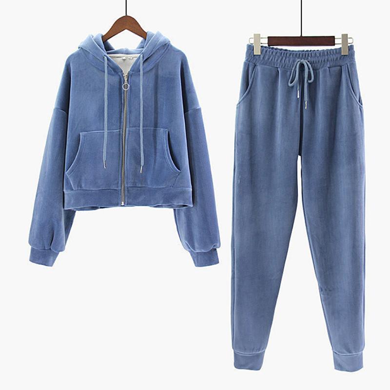 Zipper Hooded Jacket Sweater Women's Suit Spring and Autumn Plus Velvet Thickening Sports and Leisure Two-piece Trend