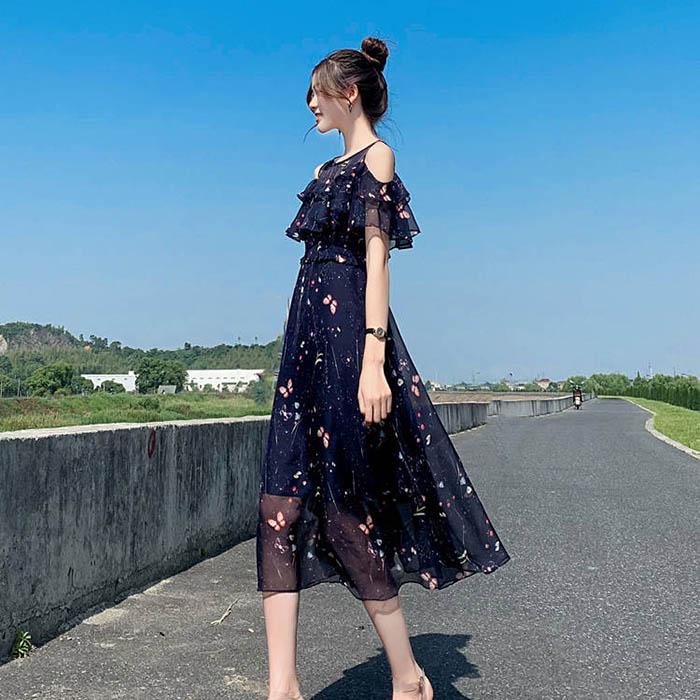 Pofulove XS-2XL Women O-neck Off Shoulder Print Chiffon Dress Slim Short-sleeved Long A-line Dress