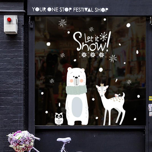 Christmas Glass Shopping Mall Shop Window Door Sticker Bear Deer Snowflake Arrangement Wall Sticker
