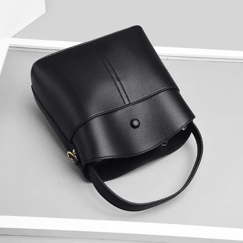 Real Cowhide Women Bucket Bag Casual Female Handbag Portable Multi-Layer Large Capacity Soft Surface 5 Colors