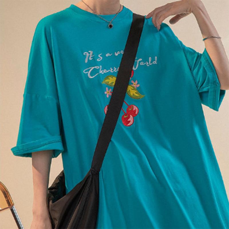 100% Cotton Hong Kong Flavor Retro Cherry Print Short-sleeved T-shirt Women's Summer Thin Design Niche Tops Trendy Ins