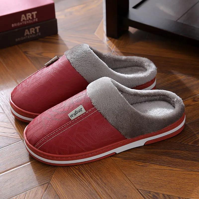 Women Unisex Winter Home Slippers Leather Waterproof Non Slip Slippers Plush Warm Indoor Flat Non-slip Slippers