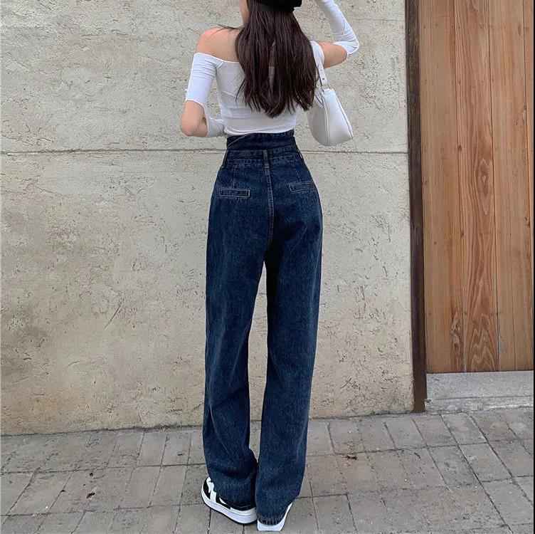 Dark Blue Jeans Female Spring and Autumn Straight High Waist Leaps Thin Pear Type Body Pants