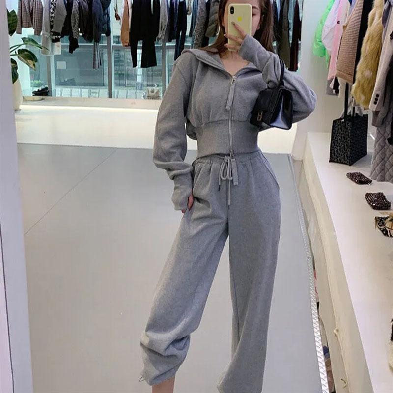 2PCS Women's Spring and Autumn Hooded Sweater Suit Ladies Waist Thin Cardigan + Legging Casual Sports Pants Two-piece Student Fitness Jogging Suit