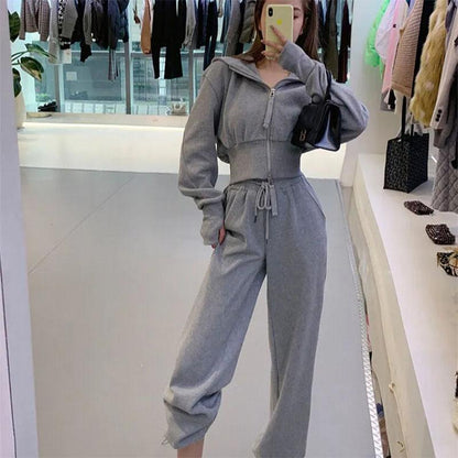 2PCS Women's Spring and Autumn Hooded Sweater Suit Ladies Waist Thin Cardigan + Legging Casual Sports Pants Two-piece Student Fitness Jogging Suit