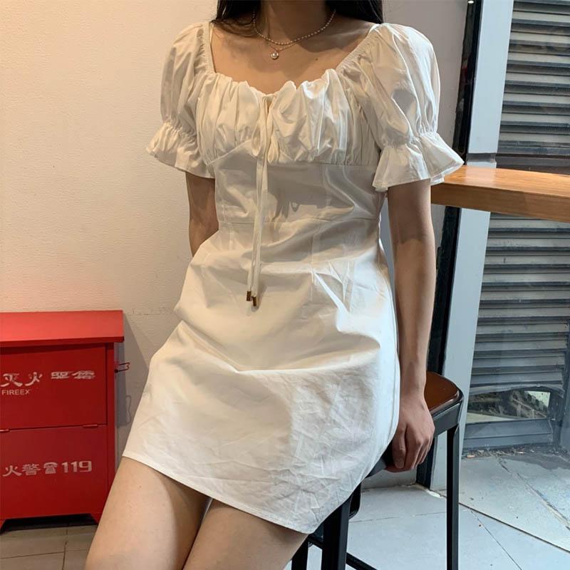 White Dress French Palace Style Retro Square Neck Puff Sleeve Holiday Skirt Women's Slim S-L Size