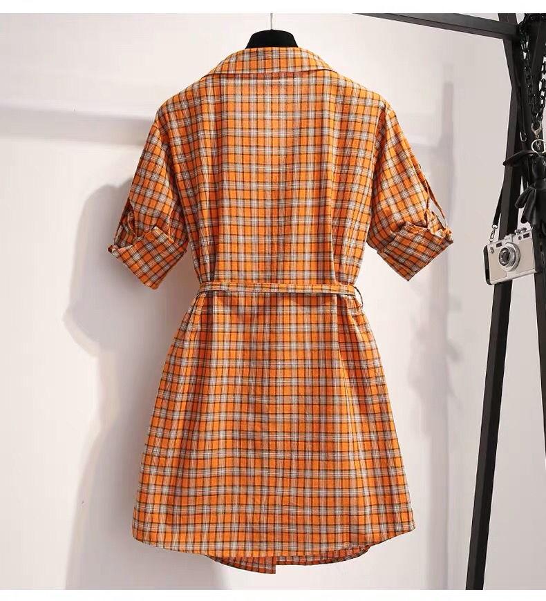 Pofulove Summer dress plus size women's plaid dress slim short sleeve shirt dress with pocket