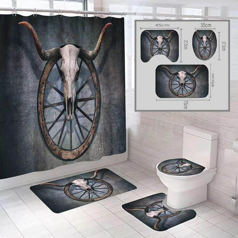 Toilet Supplies Elk Shower Curtain Four-piece 3D Digital Printing Printing Polyester Toilet Cushion Floor Mat Bath Cover Four-piece Partition Curtain