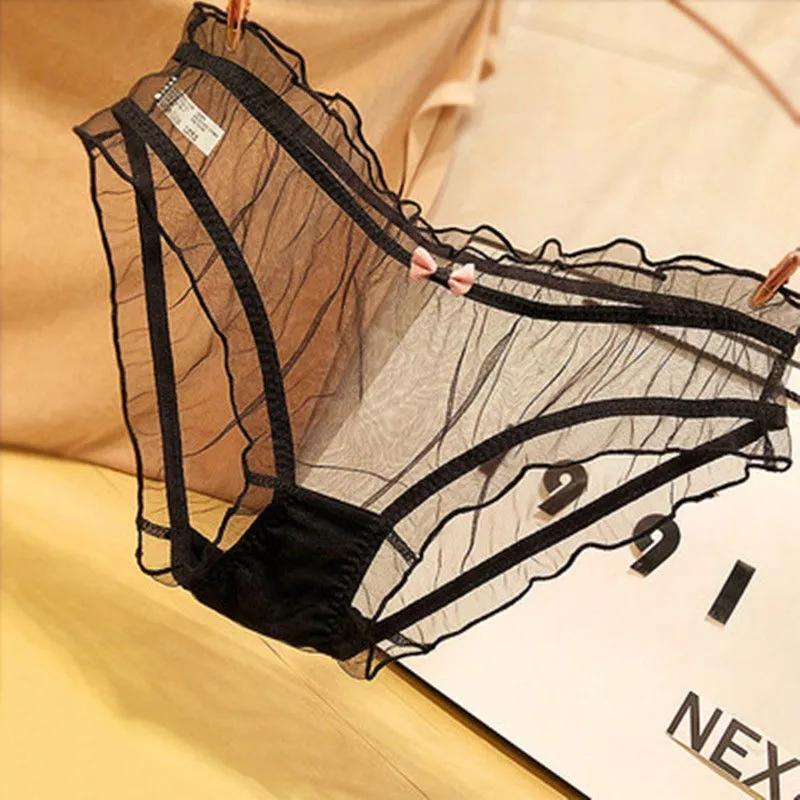 3PCS Japanese Sexy Girl Lace Panties Ultra-thin Transparent See-through Briefs Temptation Low-waisted Bottoms Mesh Hollow Out Underwear Shorts