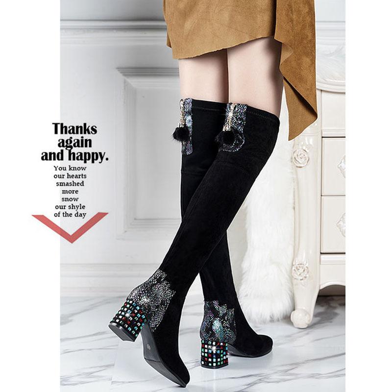 Women's Thick Heel Over Knee Boots High Heel Elastic  Boots Autumn  Winter Plus Fleece High Boots
