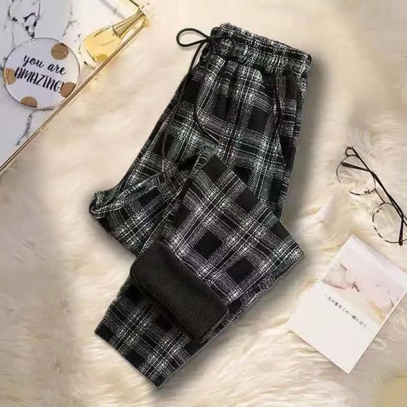 Plus Size Women's Winter Plus Velvet Thickening High Waist Warm Plaid Pattern Loose Slimming Casual Pants Fashion Harem Pants