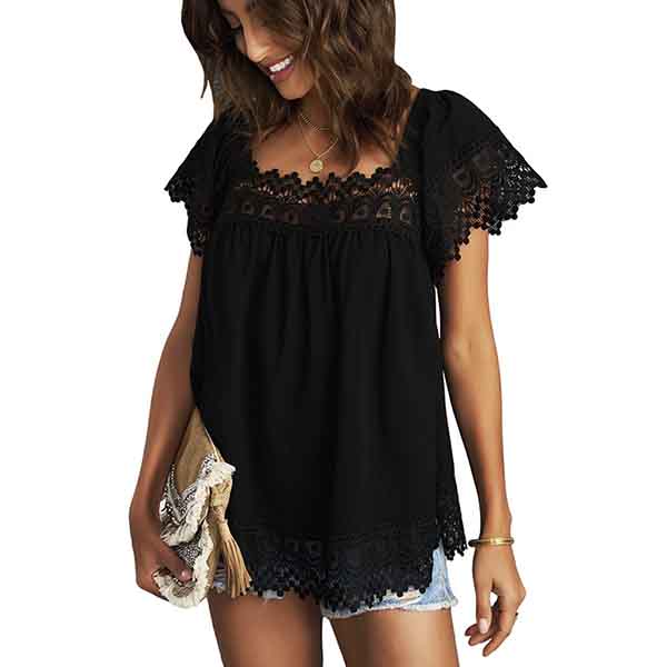 Summer Solid Color Casual Lace Shirt European and American Ladies Loose All-match U-neck Short-sleeved Top