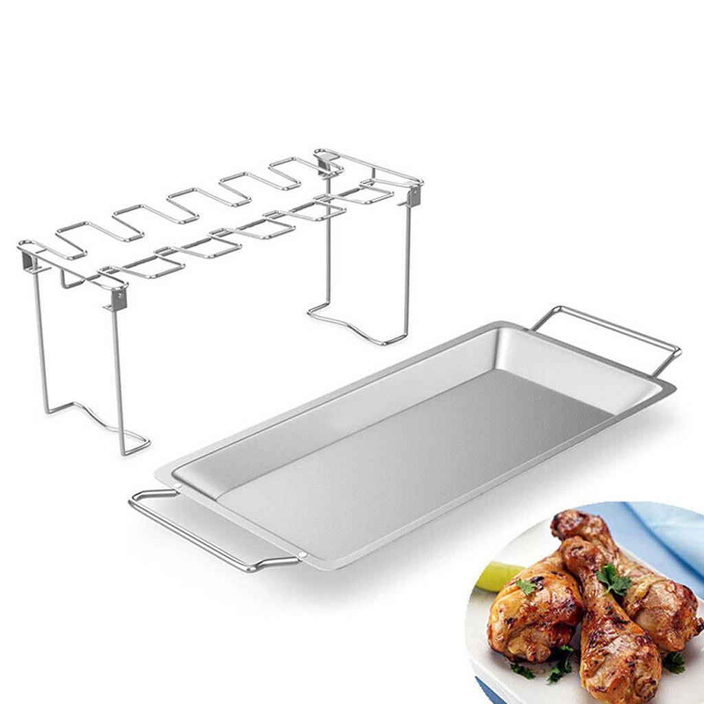 Stainless Steel Chicken Wing Leg Rack Grill Holder with Drip Pan for BBQ Outdoor Cooking Wings