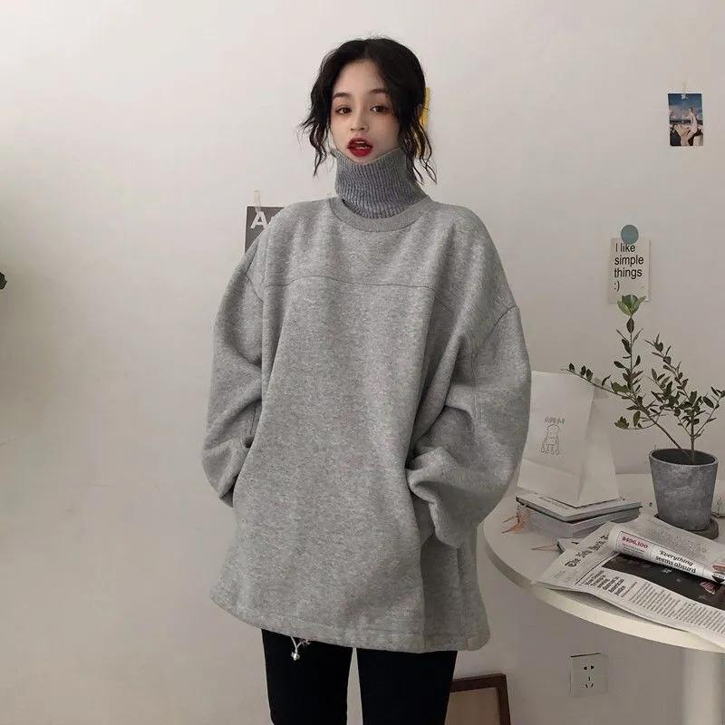Winter Hoodies Turtleneck Pullover Sweatshirts Oversized Loose Casual Harajuku Tracksuit Fleece Warm Top Clothes Women Sport Shirts Knitted Collar