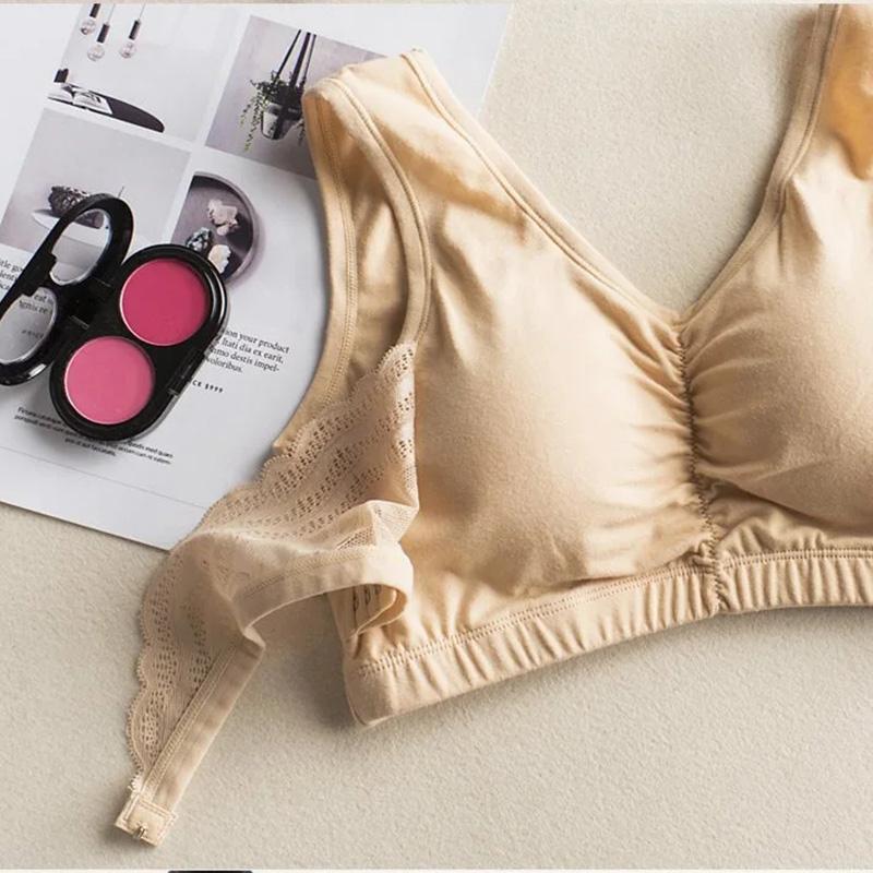 Women's Pure Cotton Non-wireless Bra Thin Ladies Gather-up Vest-style Sports Underwear Seamless Sleep Cotton Bra Lace Padded Adjustable Brassiere