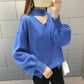 Autumn and Winter Loose Short Sweater Women's Half High Neck Lantern Sleeve Knit Sweater Solid Color Comfortable Bottoming Shirt Outer Wear