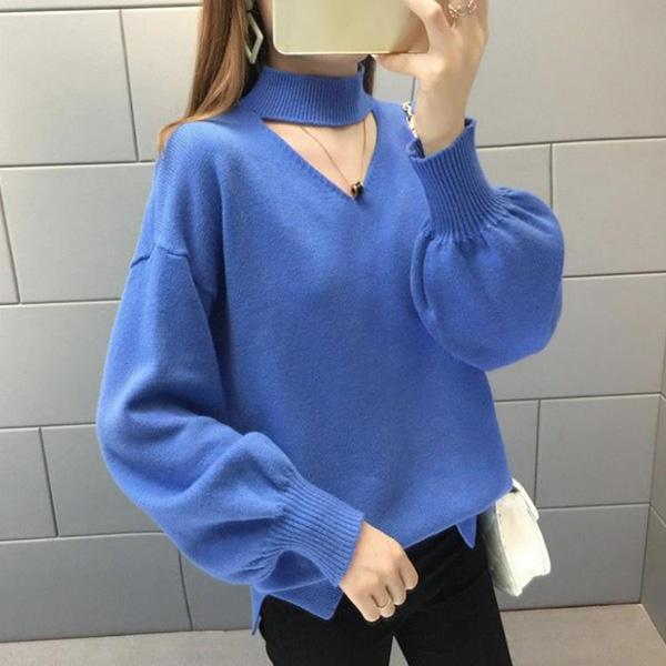 Autumn and Winter Loose Short Sweater Women's Half High Neck Lantern Sleeve Knit Sweater Solid Color Comfortable Bottoming Shirt Outer Wear