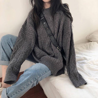 Pofulove White Round Neck Twist Sweater Female Autumn Winter Loose Wild College Style Knitted Coat