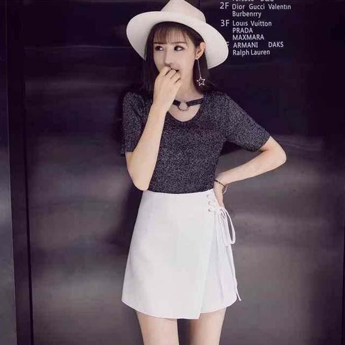 Pofulove Women Anti-light Irregular Skirt Lace-up High Waist Sexy Package Hip Skirt A Word Skirts