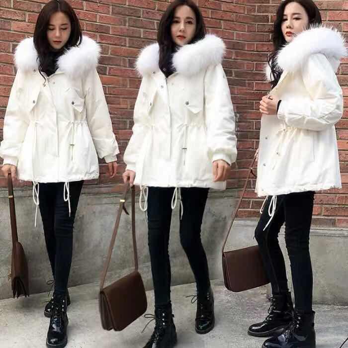 Women's Eiderdown Cotton Padded Jacket Winter Thick Hooded  Parka Coat  Drawstring Jacket Coat with Faux Fur Collar
