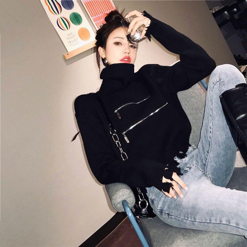 Women's Solid Color Trendy Fashion Zipper Slim Bottoming Sweater High Neck Tassel Short Knit Sweater