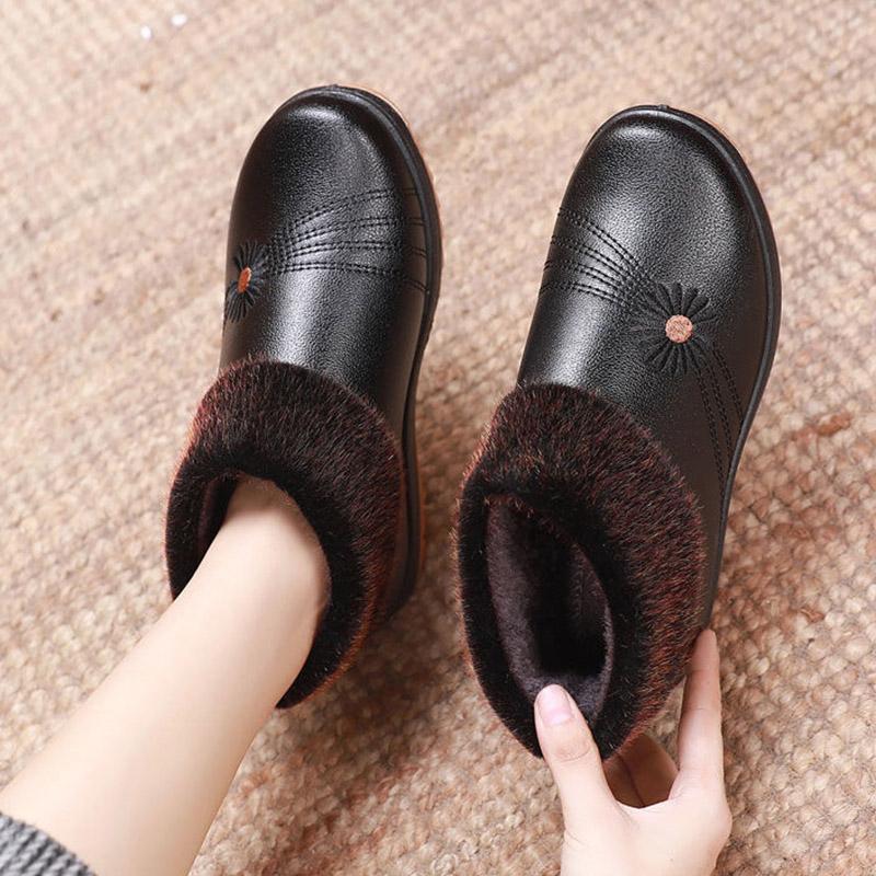 Winter Fleece Warm Cotton Boots Leather Women's Cotton Shoes Waterproof Cloth Shoes
