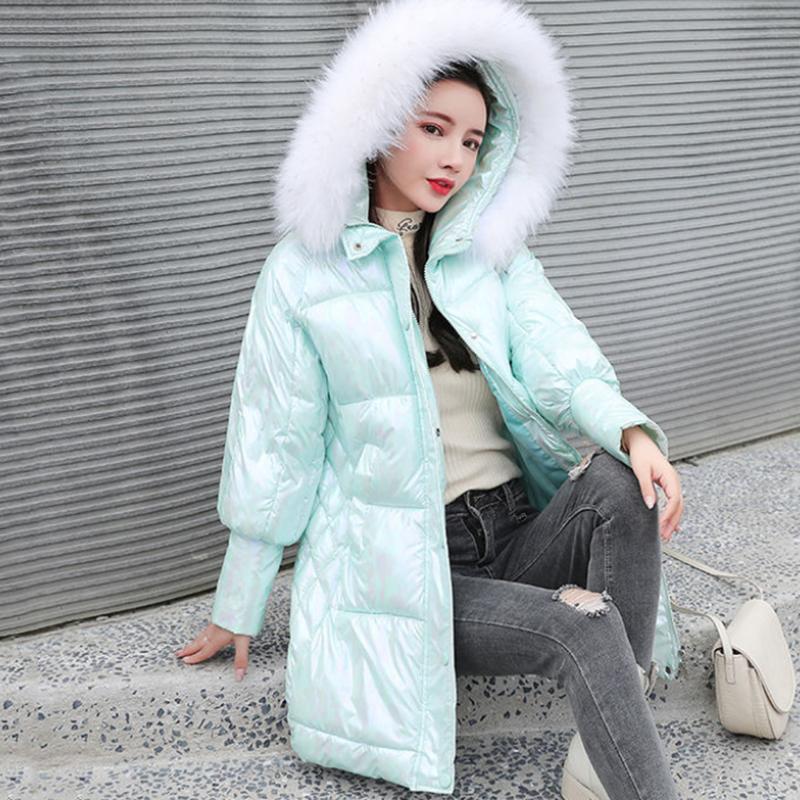 Women's Bright Face Hooded Down Jacket Mid-length Korean Loose Thick Coat Warm Cotton Coat Large Wool Collar Winter Quilted Coat