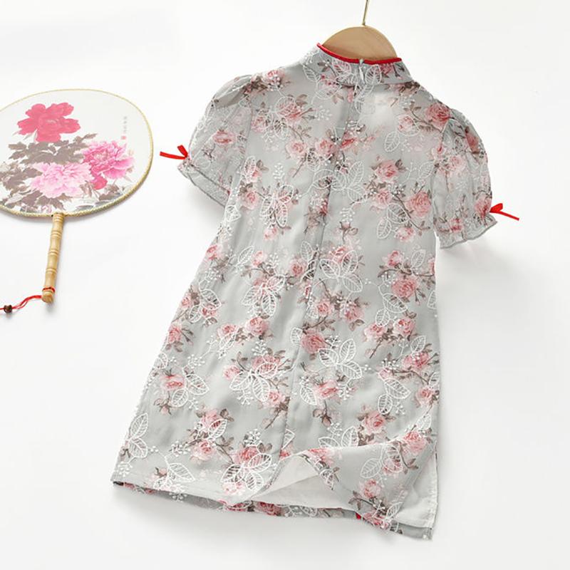 Children's Girls Skirt Summer Dress Little Girl Dress Chinese Style Classical Chiffon Floral Embroidery Cheongsam Skirt
