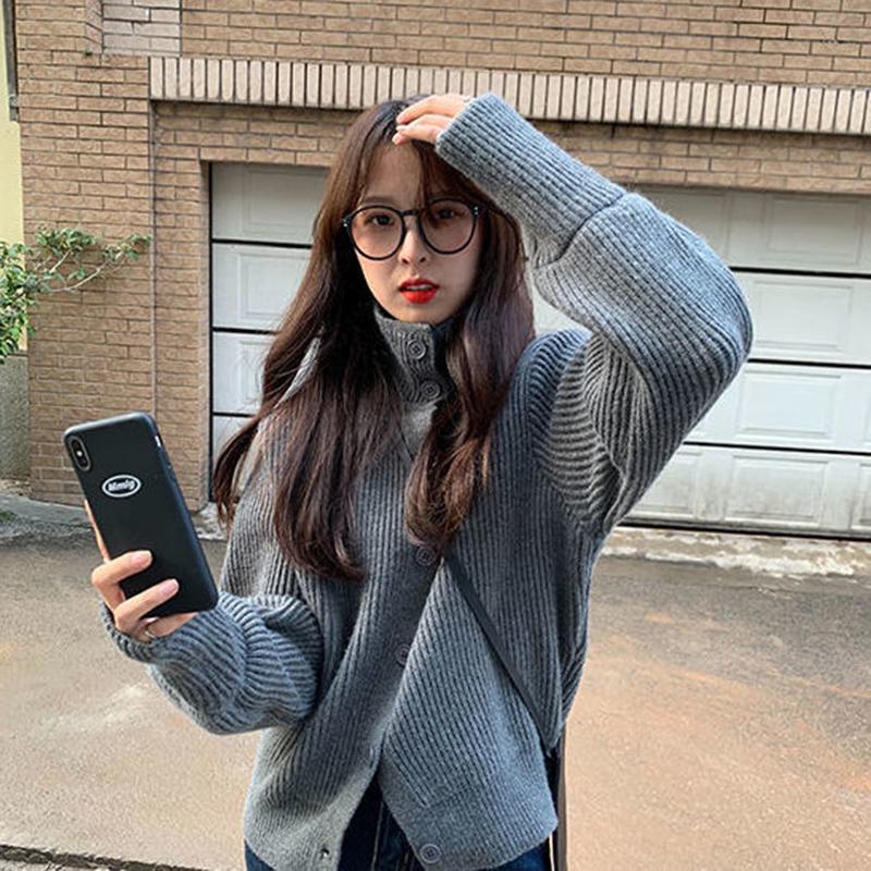 Spring  Autumn Design Sense Lapel Solid Color Vertical Pattern Sweater Cardigan Girl Student Casual Fashion All-match Knitted Cardigan