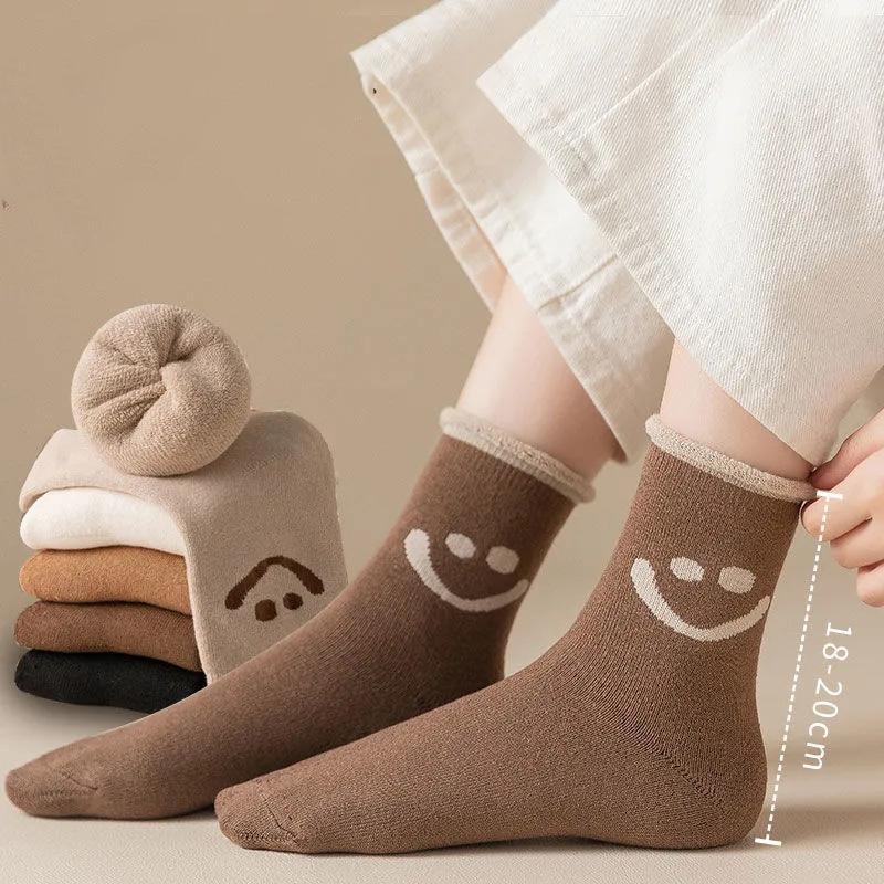 4 Pairs Women's Thick Socks Cute Smile Face Stockings Japanese Autumn Winter Warm Plus Velvet Socks Solid Color Indoor Floor Socks