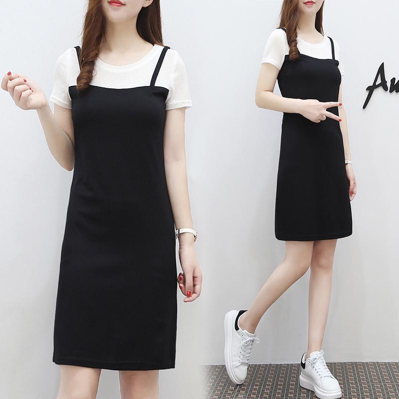 Summer Short-sleeved Stitching In Long Paragraph Fake Two-step Skirt Strap Slim Dress