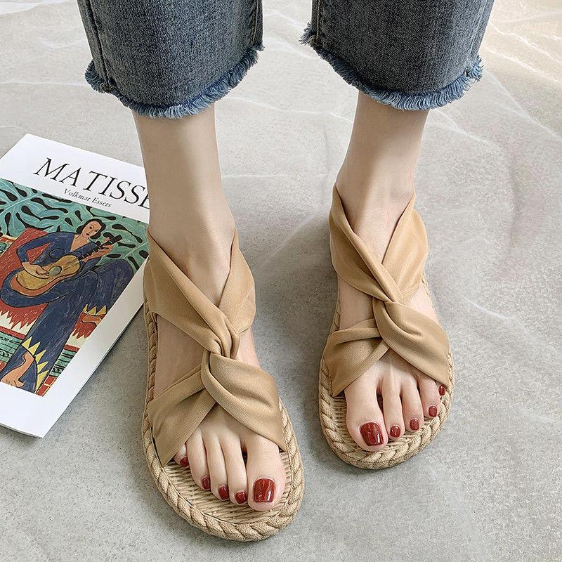 Retro Sandals Women Wild Linen Texture Summer Outdoor Beach Vacation Sandals Home Indoor Slippers