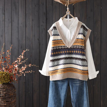 Vintage Printed Sweater Vest Sleeveless Knitted Vest Loose Pullover Sweater Tank Tops for Women
