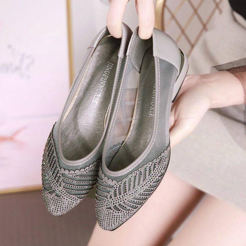 Mesh Sandals Women's Soft Leather Summer Hollow Breathable Low-heeled Shoes Pointed Toe Shoes Shallow Casual Shoes Single Shoes