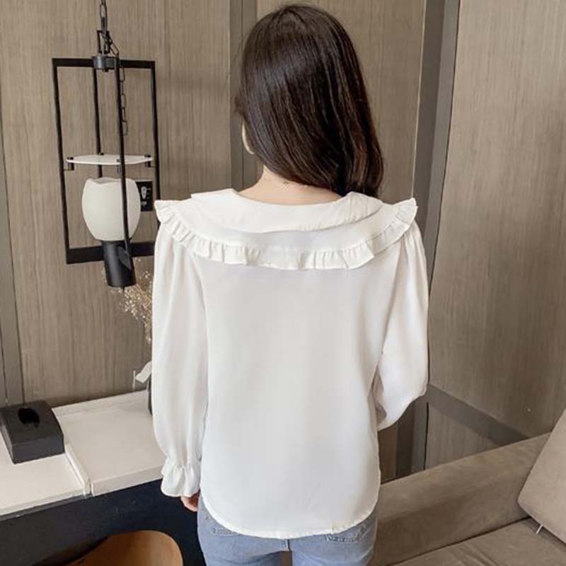 Women's Spring and Autumn Long Sleeve Shirts Large Size Loose Solid Color Doll Collar Tops