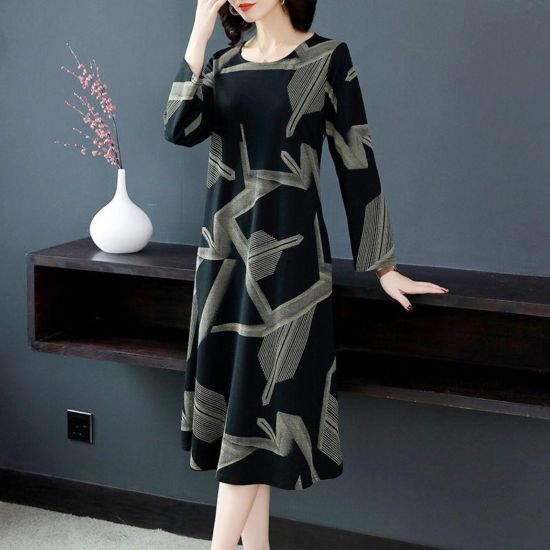 Large Size Long-sleeved Dress Women Spring and Autumn Mid-length Over-the-knee Bottoming Skirt Round Neck Print