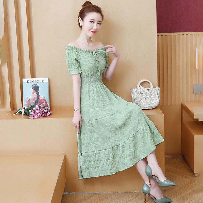 Summer One-shoulder Mid-length Dress Female French Waist Temperament Thin Fairy Skirt Gentle and Cute Retro Style Dress
