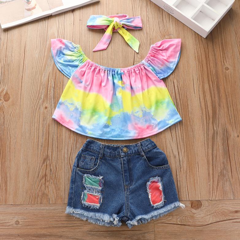 Summer Girls' Hole Shorts One Shoulder Top Denim Shorts Set Three Piece Children's Denim Shorts Suit
