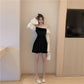 Fashion Spring Stitching Bubble Sleeve Dress Sexy Slash Neck Off Shoulder Dress A-line Dress