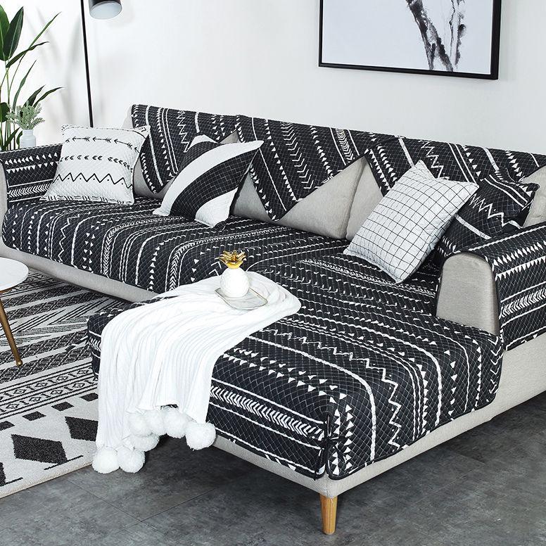 Black and White Cotton Sofa Cover Geometric Non-slip Sofa Towel Couch Cover for Corner Sofa-Cover